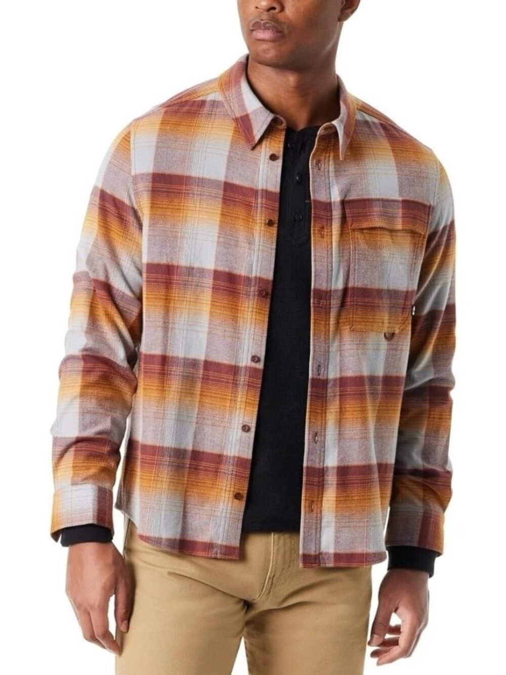 NWT Bass Outdoor Men's L Stretch Flannel Shirt Brown Plaid Button-Up i1823